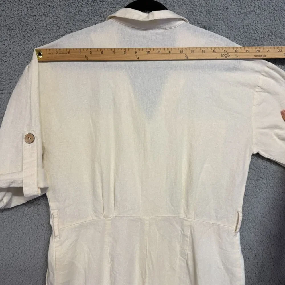 ZARA Linen Blend Jumpsuit Womens L White Roll Tab Sleeves Button Collar Resort